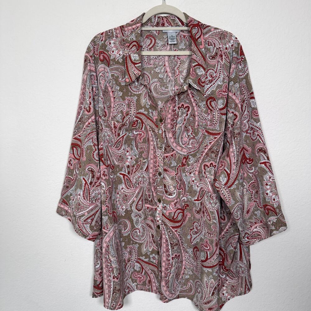 Catherine's Womens Button Flowy Shirt Top Size 4X Paisly Classic Office Pink